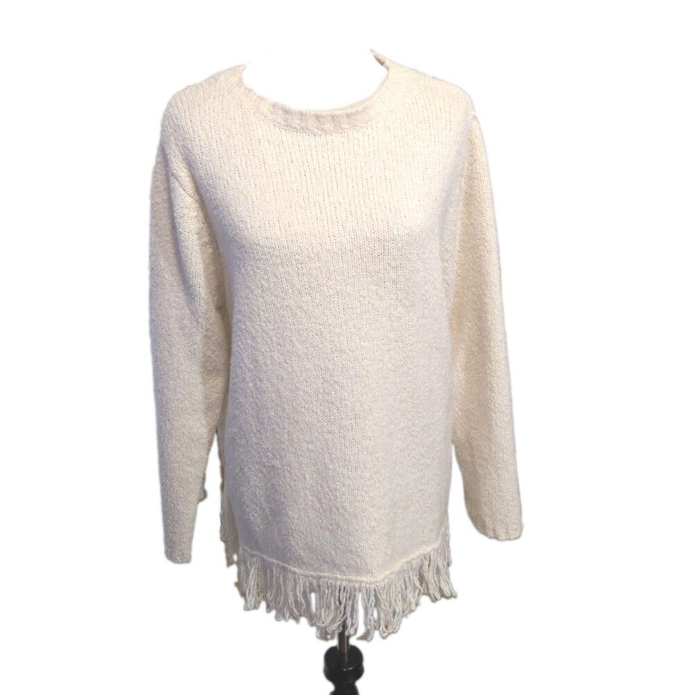 Karen Scott Cream Women's Wool Blend Winter Fringe Hem Sweater Size XL